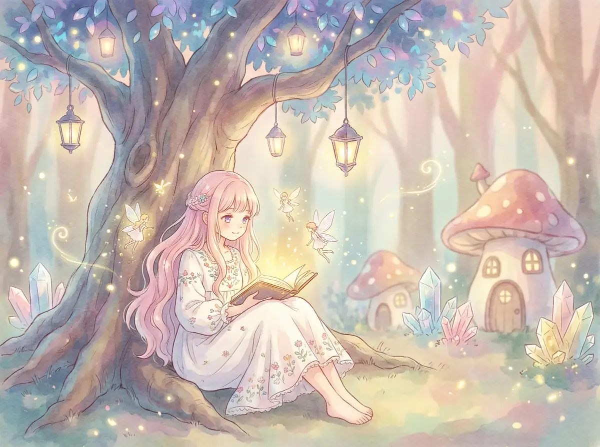 青青子衿低糖海苔饼 - 魔法森林中阅读故事书的粉发少女与精灵